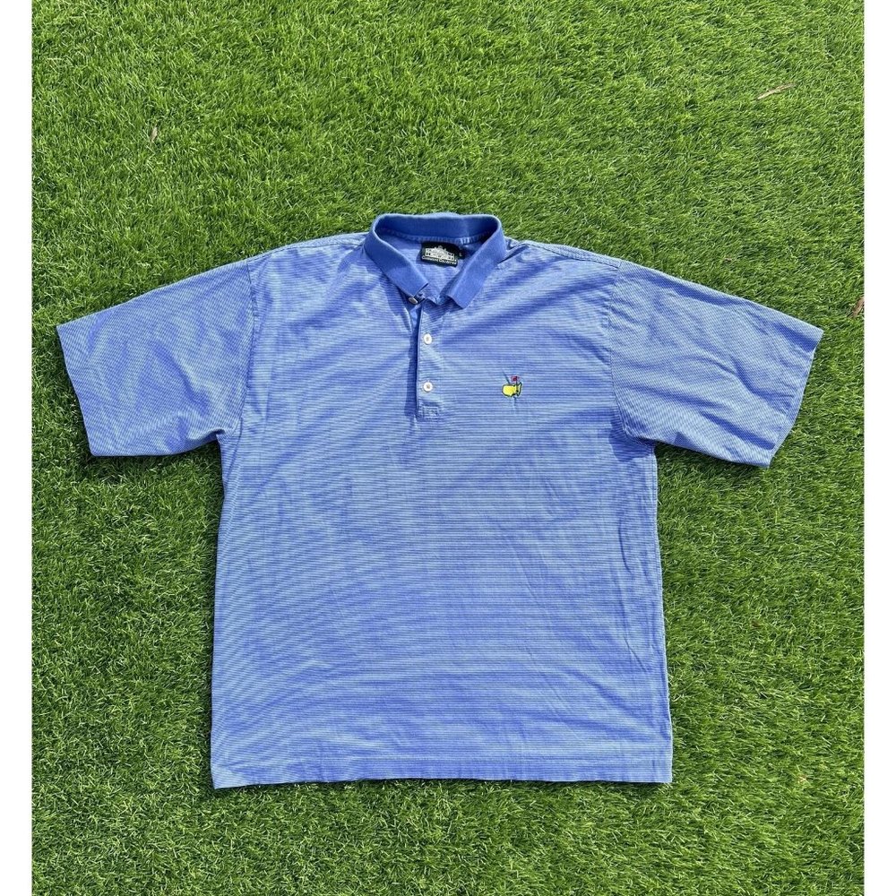 Clubhouse Collection Polo Shirt Men Large Blue Stripe Masters Logo Golf